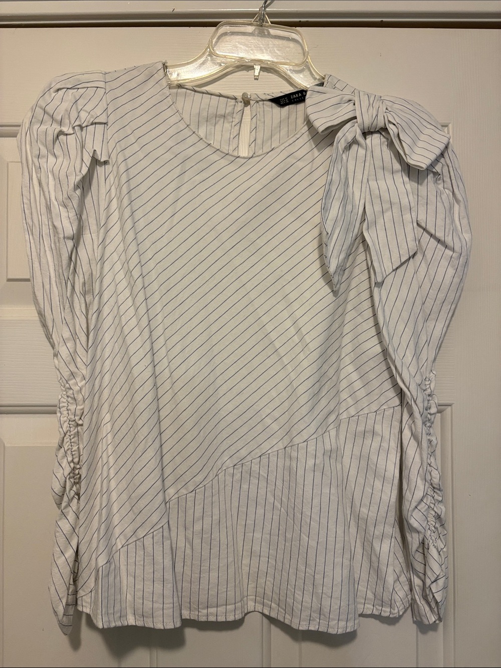 Zara White Blouse with Navy Pinstripes & Shoulder Bow